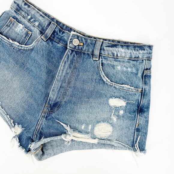 Zara Denim High-Rise Cut-Off Distressed Boho Shorts Size 6 - Picture 7 of 7